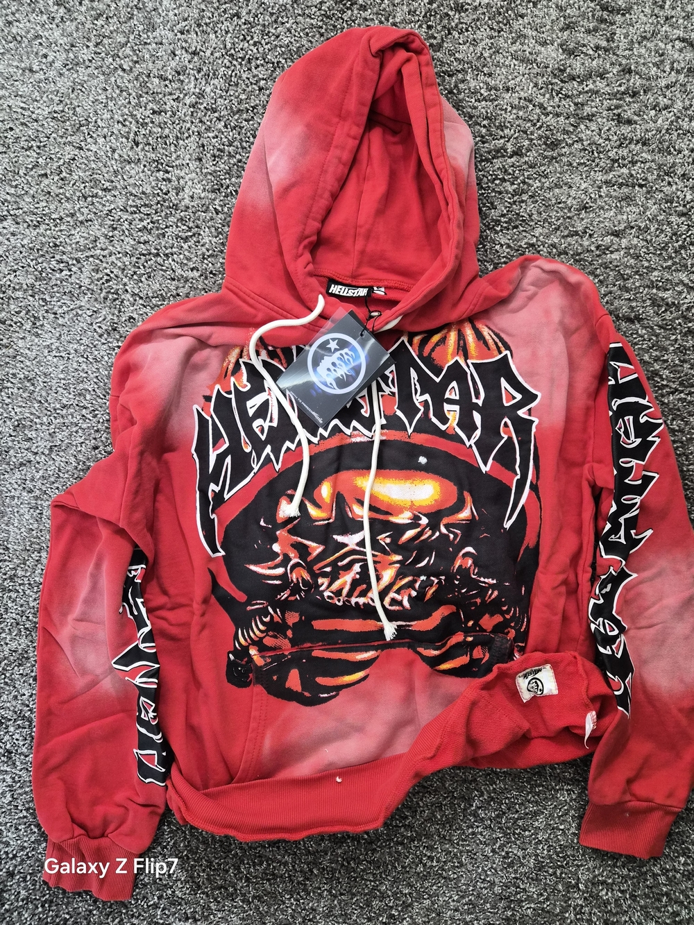 HELIOT EMIL Red Graphic Bomber-Style Hoodie with Skull Motif